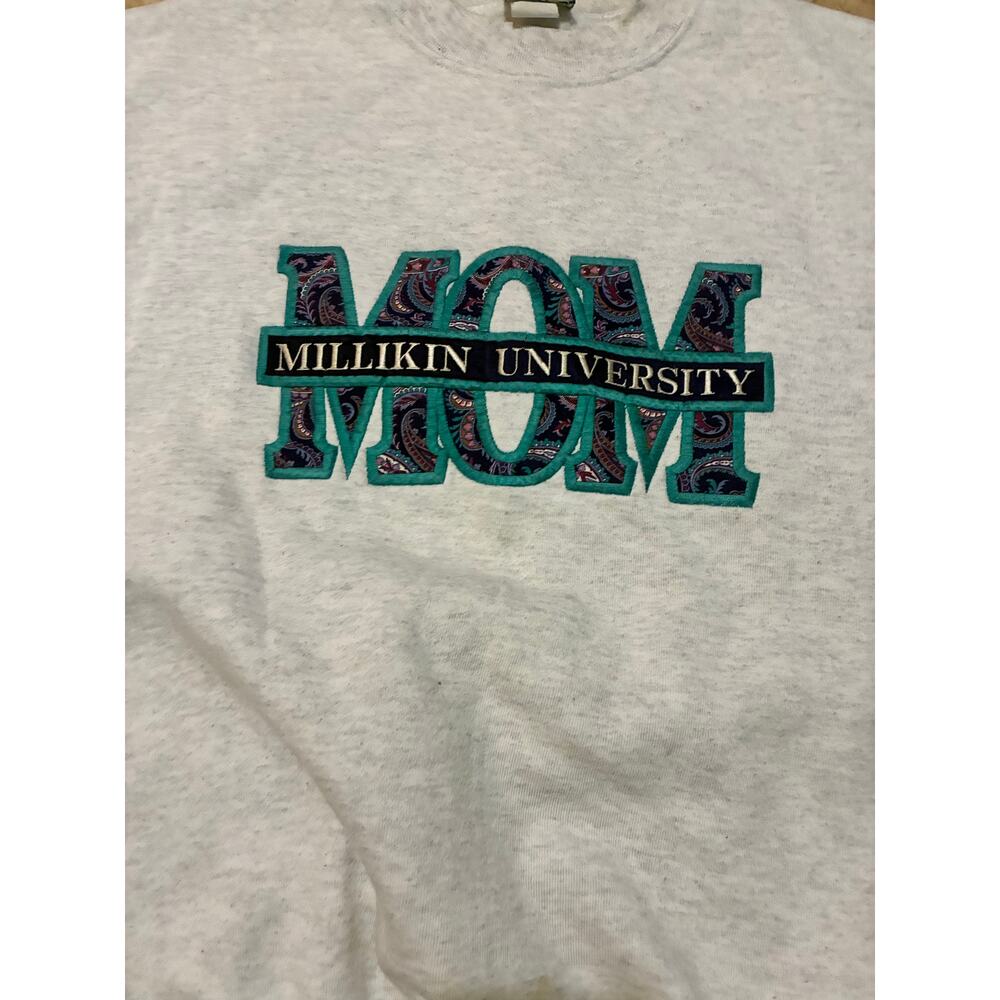 Vintage Gray Sweatshirt Milliken University Mom Embroidered Size L